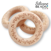 CLEARANCE Beech Wood Teething Ring 65mm - Foliage (Pale Engraving)