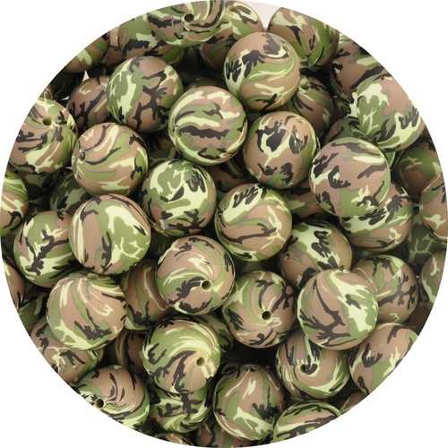 19mm Round Silicone Bead - Camo Print Green