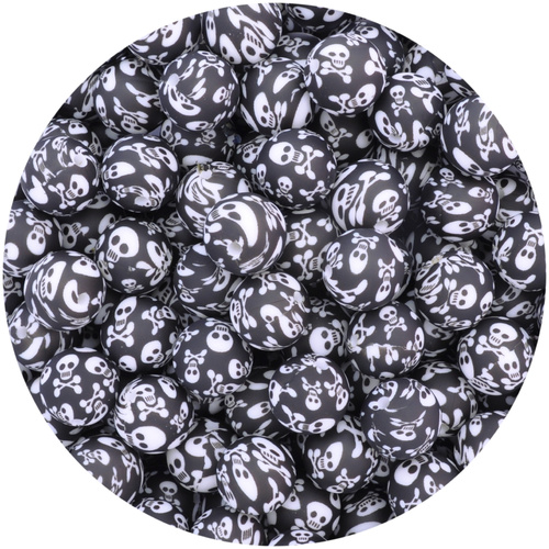15mm Round Silicone Bead - Skull Print *discontinued* 