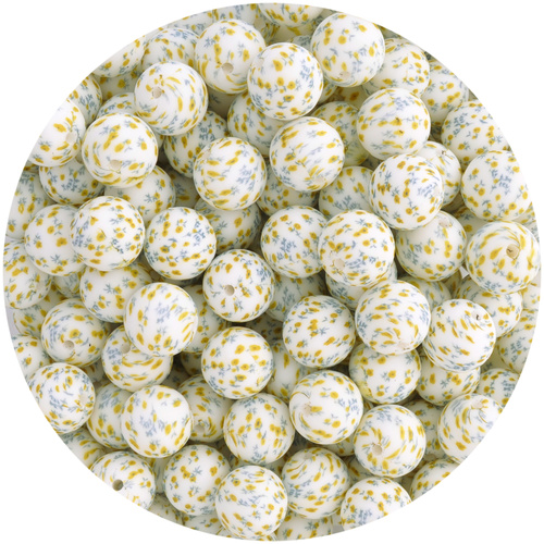 15mm Round Silicone Bead - Golden Floral Print