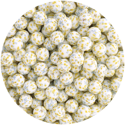 12mm Round Silicone Bead - Golden Floral Print