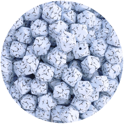 14mm Hexagon Silicone Bead - Blue Cotton Print
