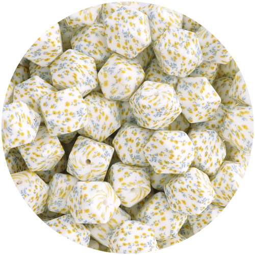 17mm Hexagon Silicone Bead - Golden Floral Print 