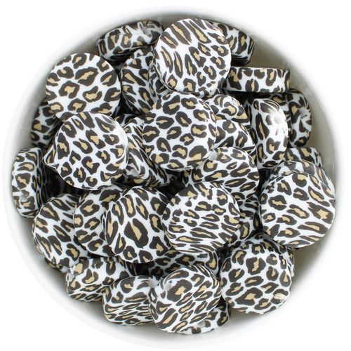 Round Disc Silicone Bead - White Leopard Print