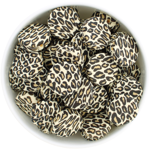 Round Disc Silicone Bead - Cream Leopard Print